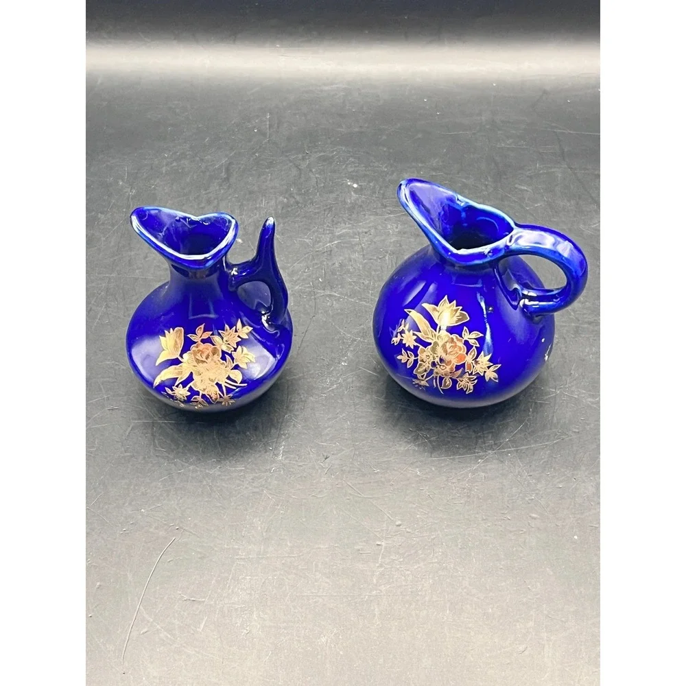 Vintage Set of 2 Chadwick Mini Bud Vases Cobalt Blue‎ Gold Flowers-3.25